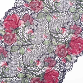 elastische Spitze mit schwarzem Untergrund und roten Rosen
