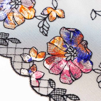 unelastische Stickerei auf schwarzem Tüll mit bunter floraler Stickerei. Geeignet zum BH und Dessous nähen.