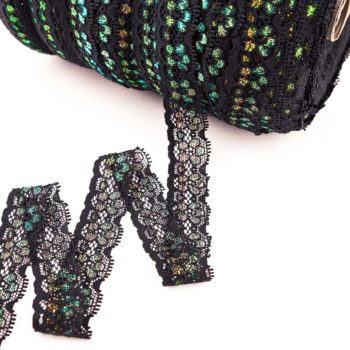 elastische Spitze schwarz mit Lurexfäden im Farbverlauf zum nähen von Abschlusskanten bei BHs, Slips, Panties, Strings oder auch für Accessoires