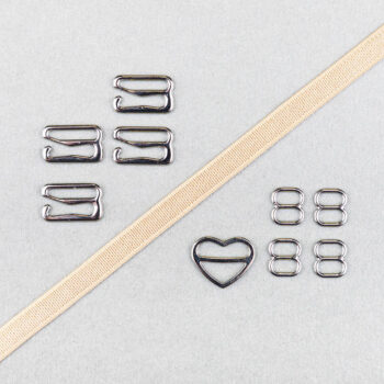 Kurzwarenpaket zum BH Träger nähen. Enthält Trägergummi, Schieber, und Haken