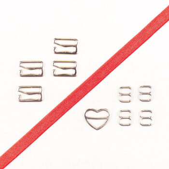 Kurzwarenpaket zum BH Träger nähen. Enthält Trägergummi, Schieber, und Haken