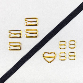 Kurzwarenpaket zum BH Träger nähen. Enthält Trägergummi, Schieber, und Haken