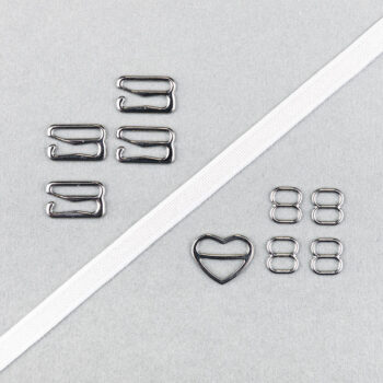 Kurzwarenpaket zum BH Träger nähen. Enthält Trägergummi, Schieber, und Haken