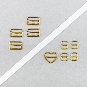 Kurzwarenpaket zum BH Träger nähen. Enthält Trägergummi, Schieber, und Haken