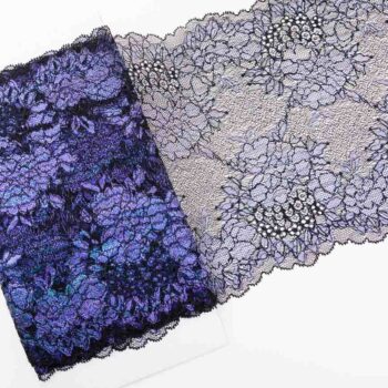 weiche elastische schwarze Spitze mit glänzenden Lurexfäden in violett und türkis zum nähen von BHs, Slips, Panties, Strings etc.
