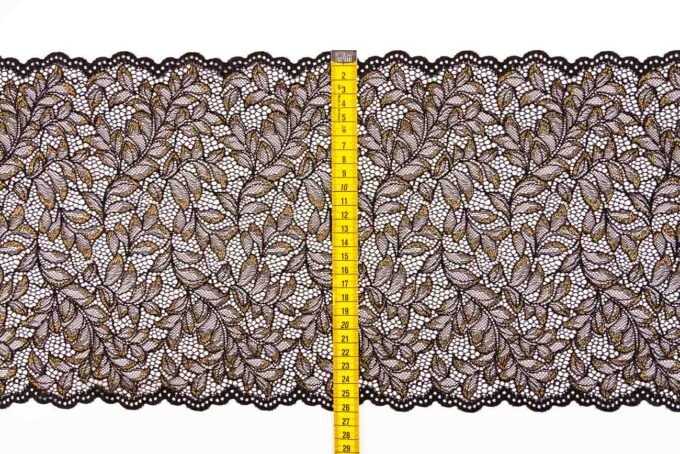 elastische schwarze Spitze mit glänzenden Lurexfäden in gold zum nähen von BHs, Slips, Panties, Strings etc.