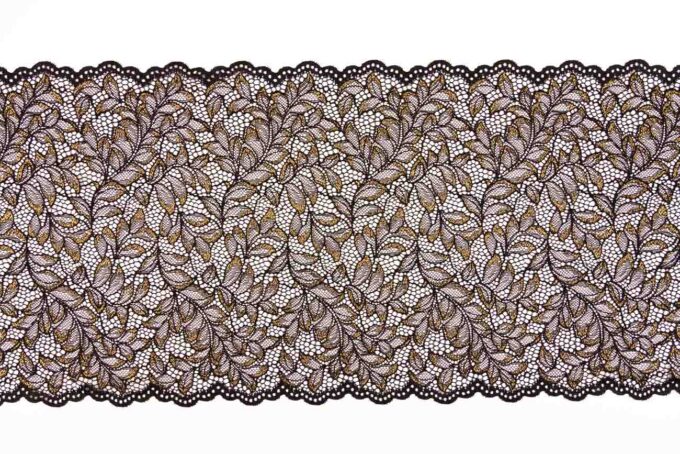 elastische schwarze Spitze mit glänzenden Lurexfäden in gold zum nähen von BHs, Slips, Panties, Strings etc.