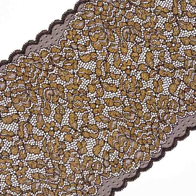 elastische schwarze Spitze mit glänzenden Lurexfäden in gold zum nähen von BHs, Slips, Panties, Strings etc.
