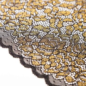 elastische schwarze Spitze mit glänzenden Lurexfäden in gold zum nähen von BHs, Slips, Panties, Strings etc.