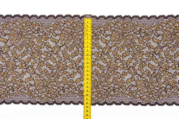 elastische schwarze Spitze mit glänzenden Lurexfäden in gold zum nähen von BHs, Slips, Panties, Strings etc.