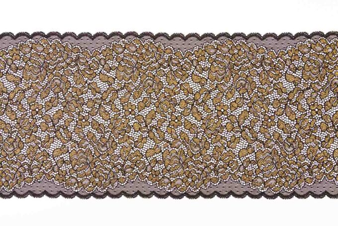 elastische schwarze Spitze mit glänzenden Lurexfäden in gold zum nähen von BHs, Slips, Panties, Strings etc.